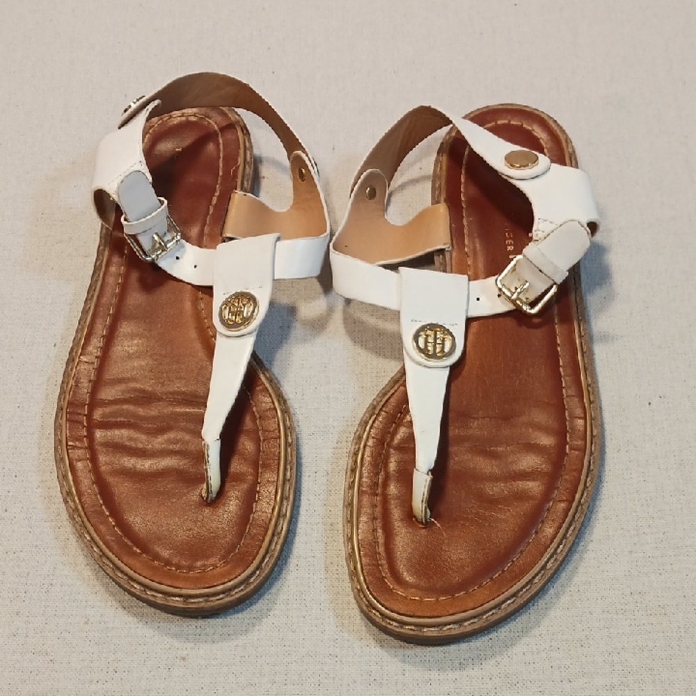 Tommy Hilfiger Women's 8.5 White and Brown Sandals with Gold Accents